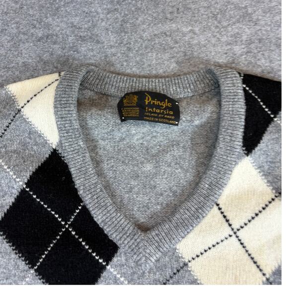 VINTAGE Pringle Of Scotland Sweater Mens Small Gray Argyle Wool Academia Preppy - Picture 5 of 6